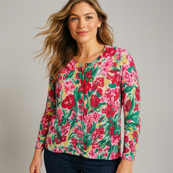 Talbots Sweaters - Talbots Medium Floral Button Front Cardigan Bright Multicolor Sweater Cottage